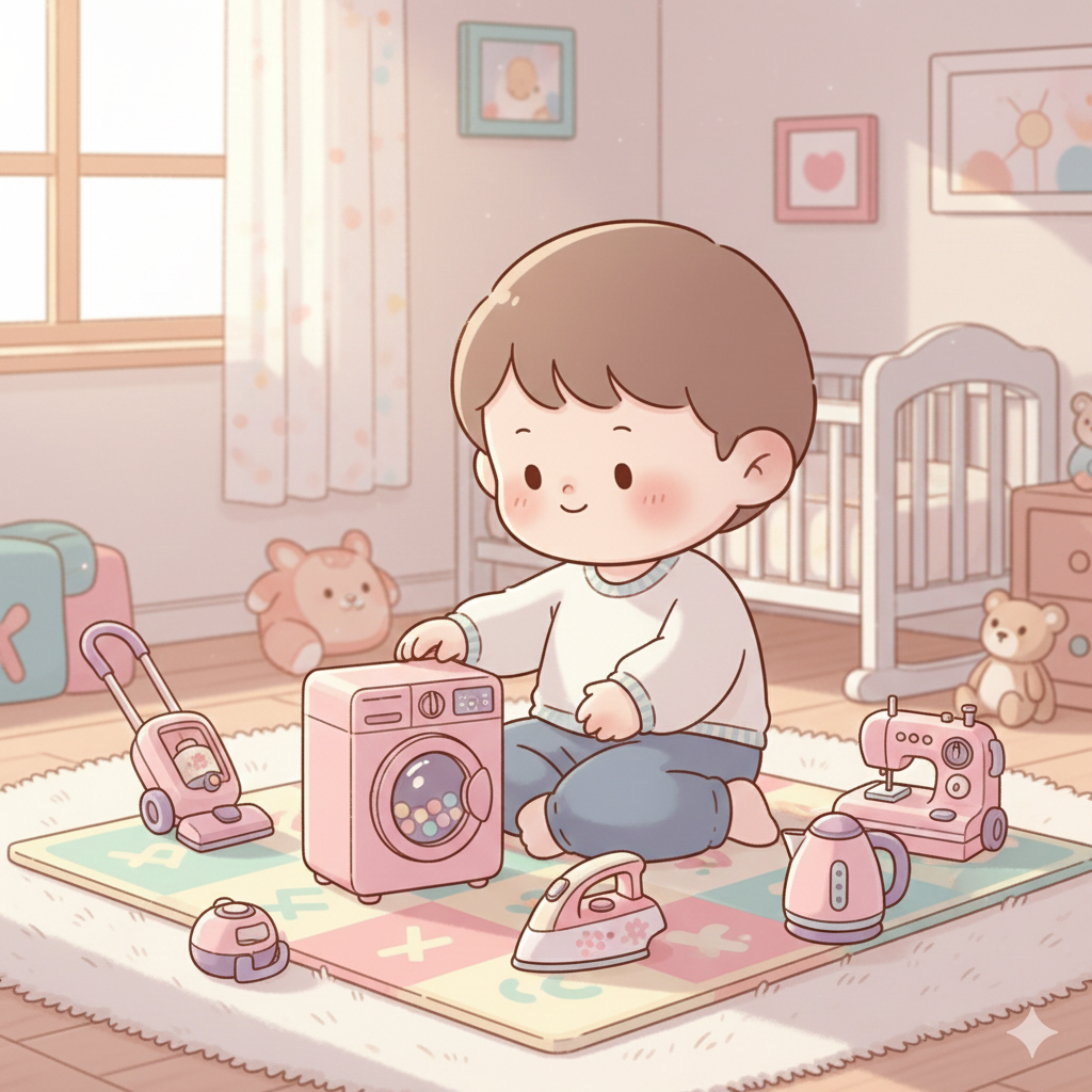 Kids Pretend Play Household Set – Mini Washing Machine, Iron, Vacuum Cleaner & Sewing Machine Toy Set