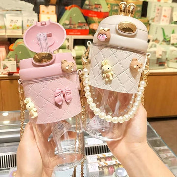 500ml Cute Rabbit Ear Plastic Water Bottles With Straw For Girls Kids Portable Strap Student Bottle With Cup Cover